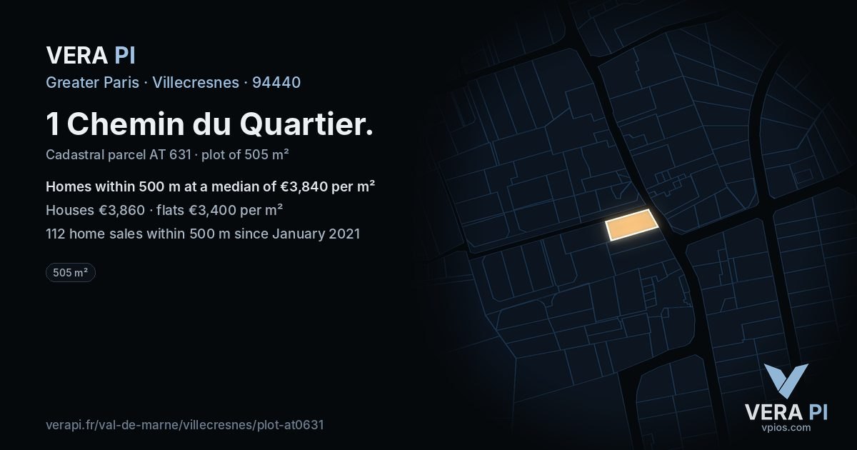 1 Chemin du Quartier, Villecresnes at night – the plot lit, the parcels around coloured by the prices near them