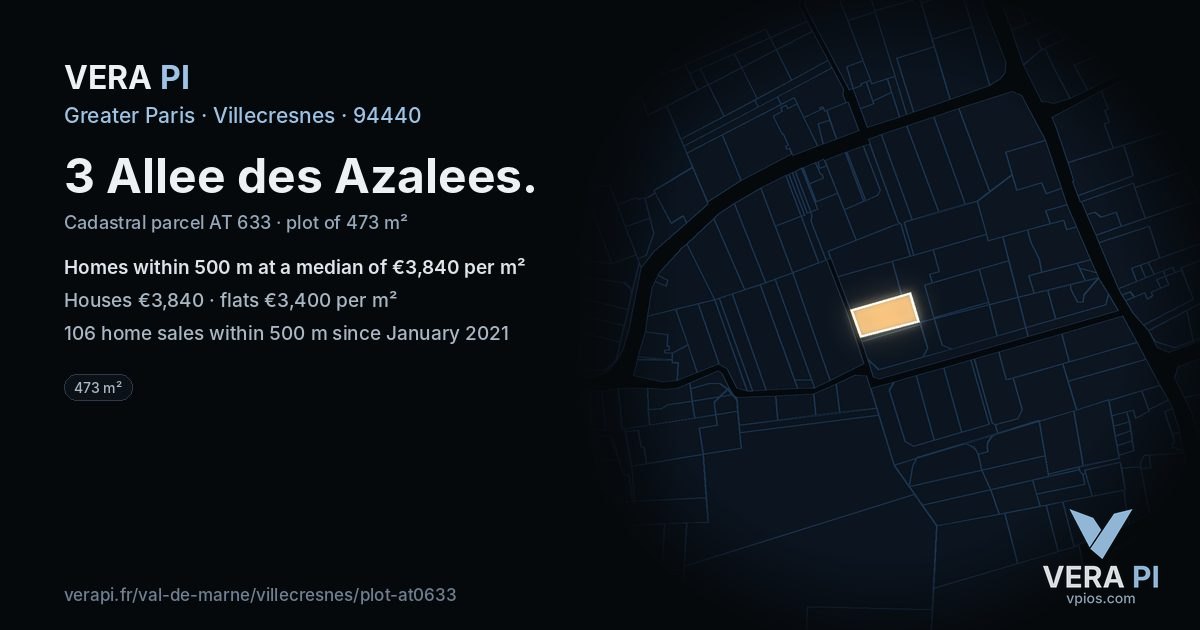 3 Allee des Azalees, Villecresnes at night – the plot lit, the parcels around coloured by the prices near them