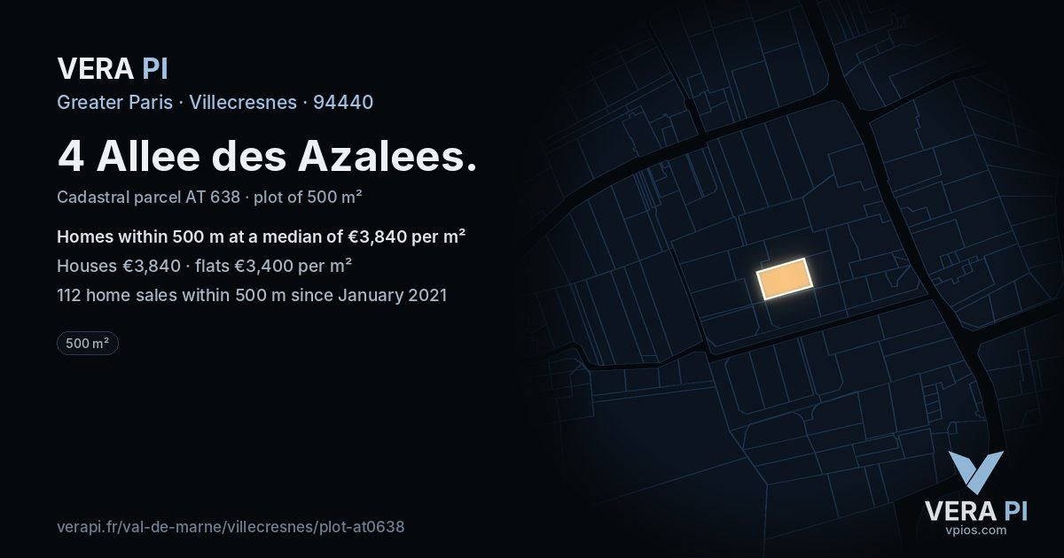 4 Allee des Azalees, Villecresnes at night – the plot lit, the parcels around coloured by the prices near them