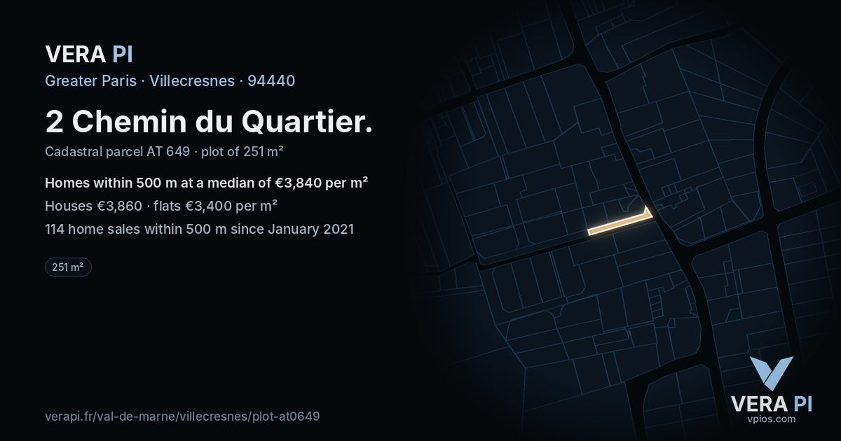 2 Chemin du Quartier, Villecresnes at night – the plot lit, the parcels around coloured by the prices near them