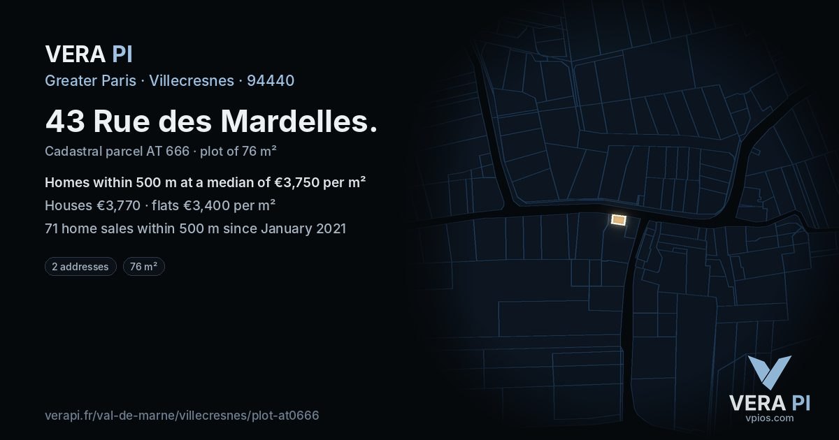 43 Rue des Mardelles, Villecresnes at night – the plot lit, the parcels around coloured by the prices near them