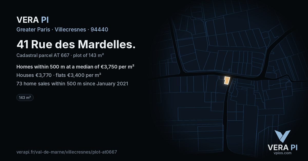 41 Rue des Mardelles, Villecresnes at night – the plot lit, the parcels around coloured by the prices near them