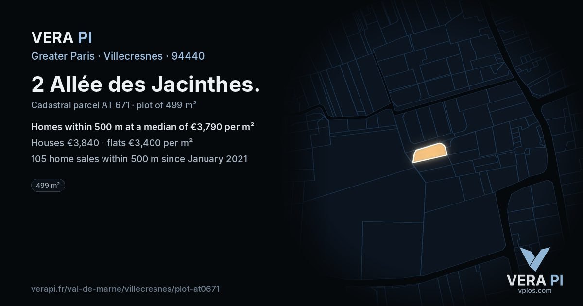 2 Allée des Jacinthes, Villecresnes at night – the plot lit, the parcels around coloured by the prices near them