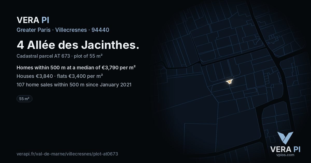 4 Allée des Jacinthes, Villecresnes at night – the plot lit, the parcels around coloured by the prices near them