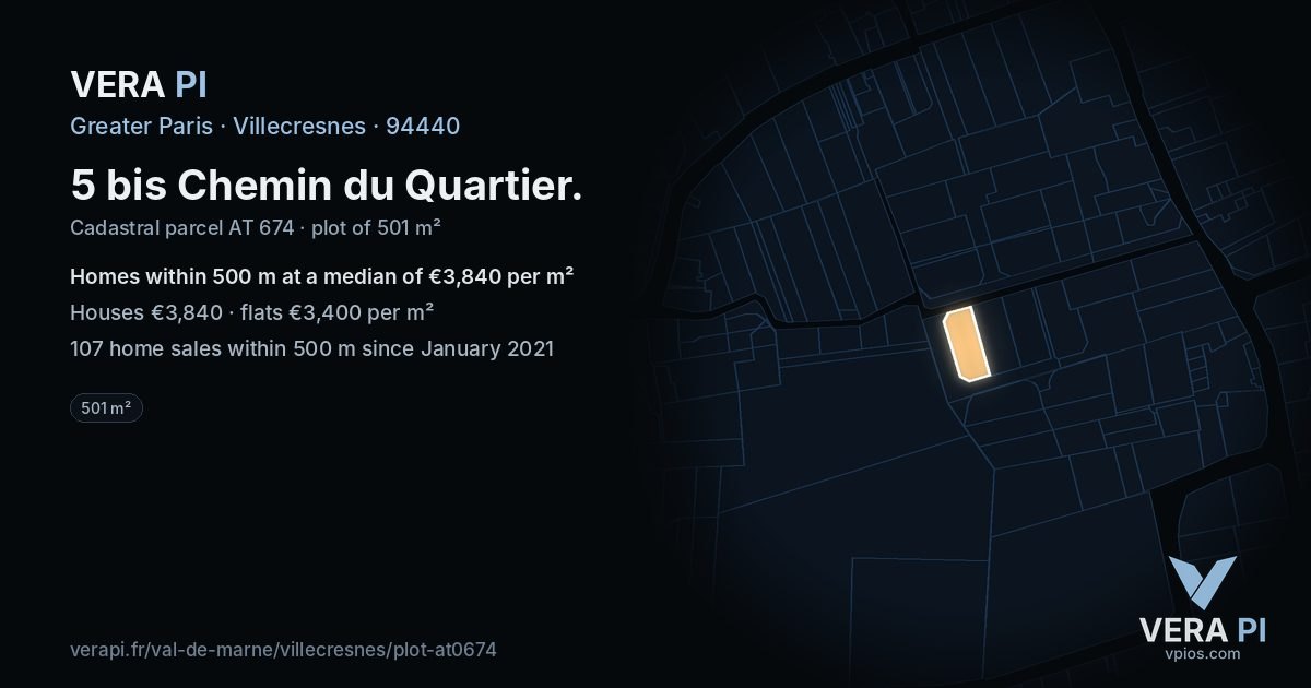 5 bis Chemin du Quartier, Villecresnes at night – the plot lit, the parcels around coloured by the prices near them