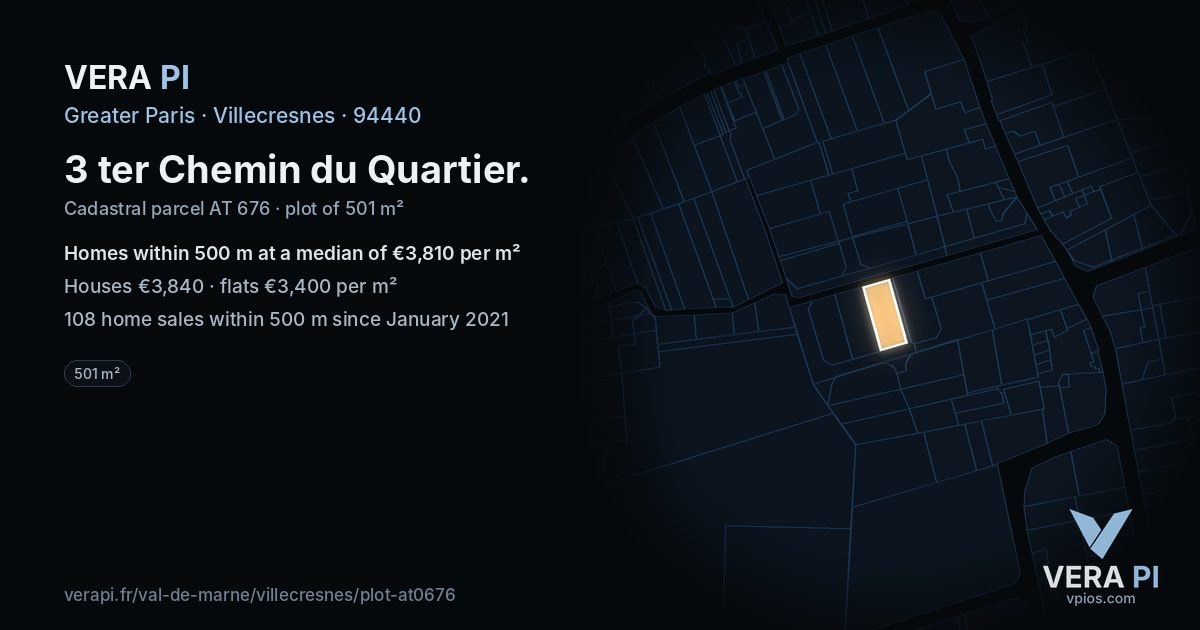 3 ter Chemin du Quartier, Villecresnes at night – the plot lit, the parcels around coloured by the prices near them