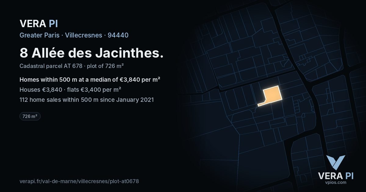 8 Allée des Jacinthes, Villecresnes at night – the plot lit, the parcels around coloured by the prices near them