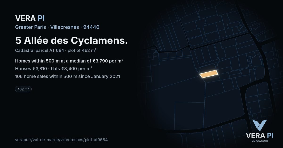 5 Allée des Cyclamens, Villecresnes at night – the plot lit, the parcels around coloured by the prices near them