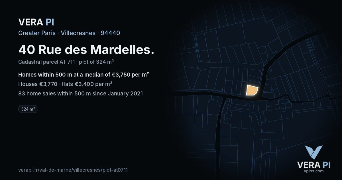 40 Rue des Mardelles, Villecresnes at night – the plot lit, the parcels around coloured by the prices near them