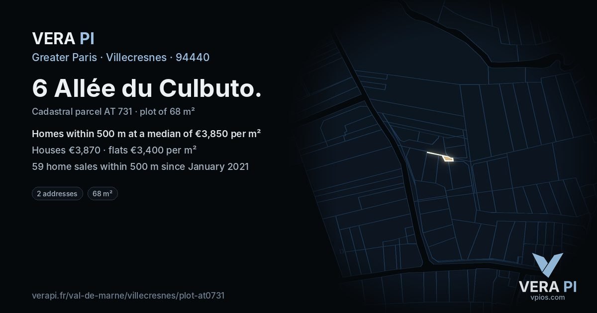 6 Allée du Culbuto, Villecresnes at night – the plot lit, the parcels around coloured by the prices near them