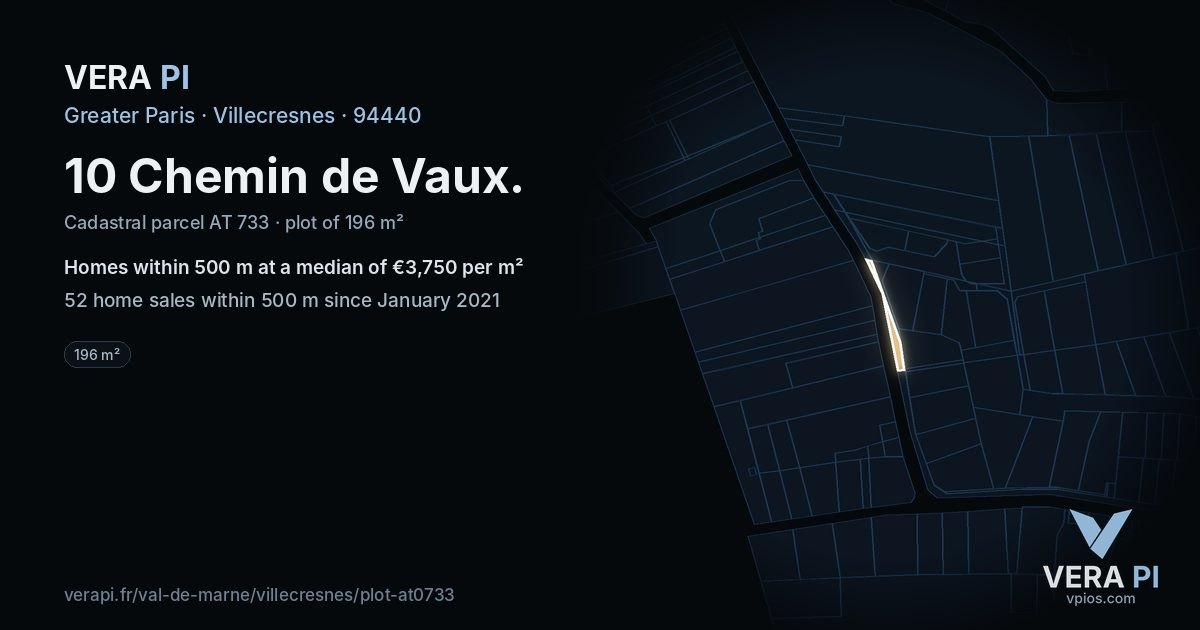 10 Chemin de Vaux, Villecresnes at night – the plot lit, the parcels around coloured by the prices near them