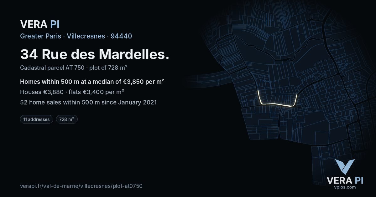 34 Rue des Mardelles, Villecresnes at night – the plot lit, the parcels around coloured by the prices near them