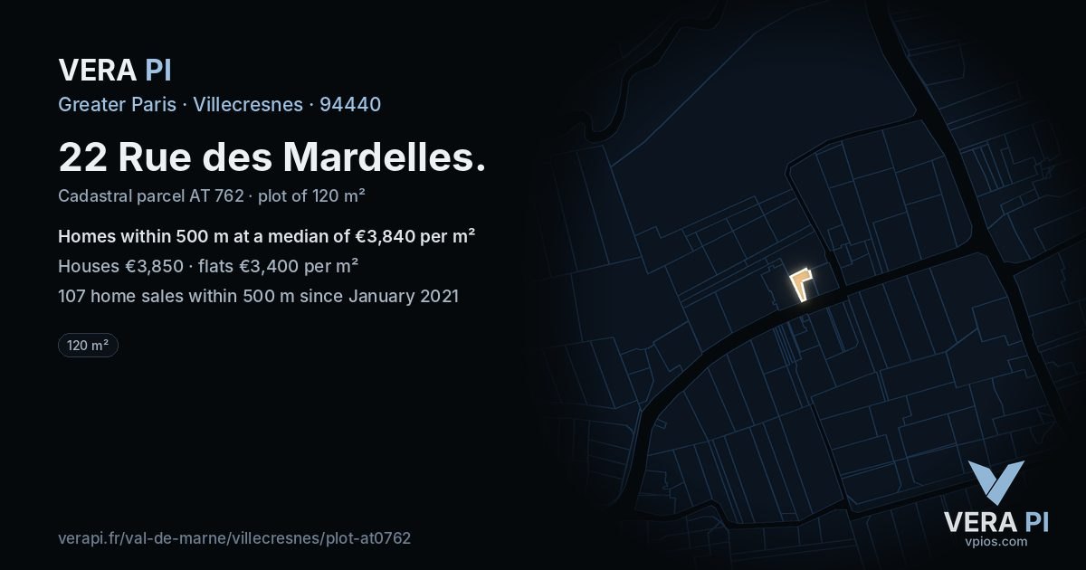 22 Rue des Mardelles, Villecresnes at night – the plot lit, the parcels around coloured by the prices near them