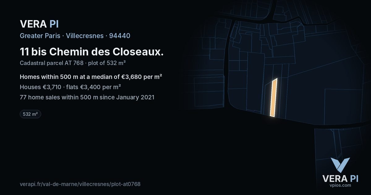 11 bis Chemin des Closeaux, Villecresnes at night – the plot lit, the parcels around coloured by the prices near them
