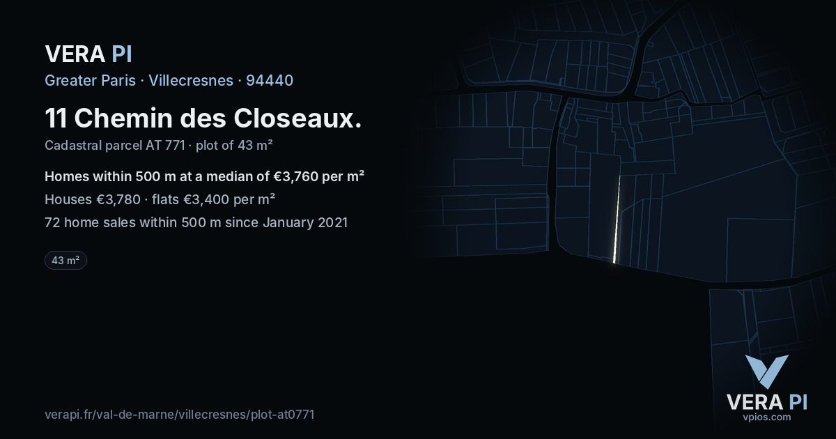 11 Chemin des Closeaux, Villecresnes at night – the plot lit, the parcels around coloured by the prices near them