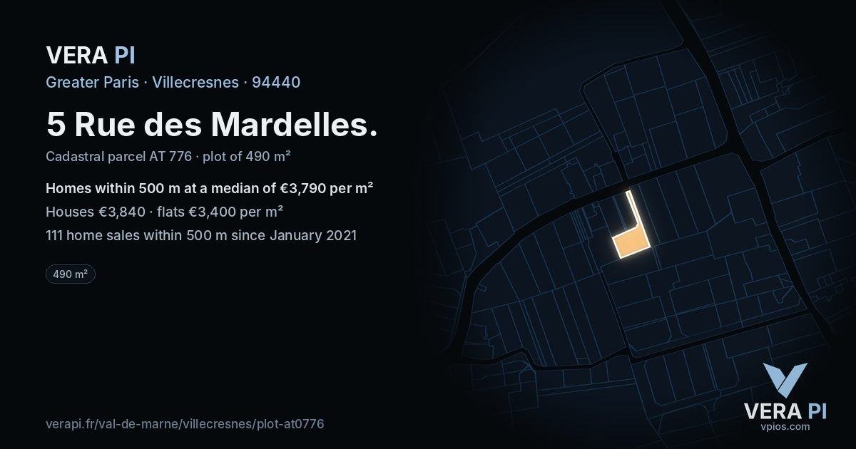 5 Rue des Mardelles, Villecresnes at night – the plot lit, the parcels around coloured by the prices near them