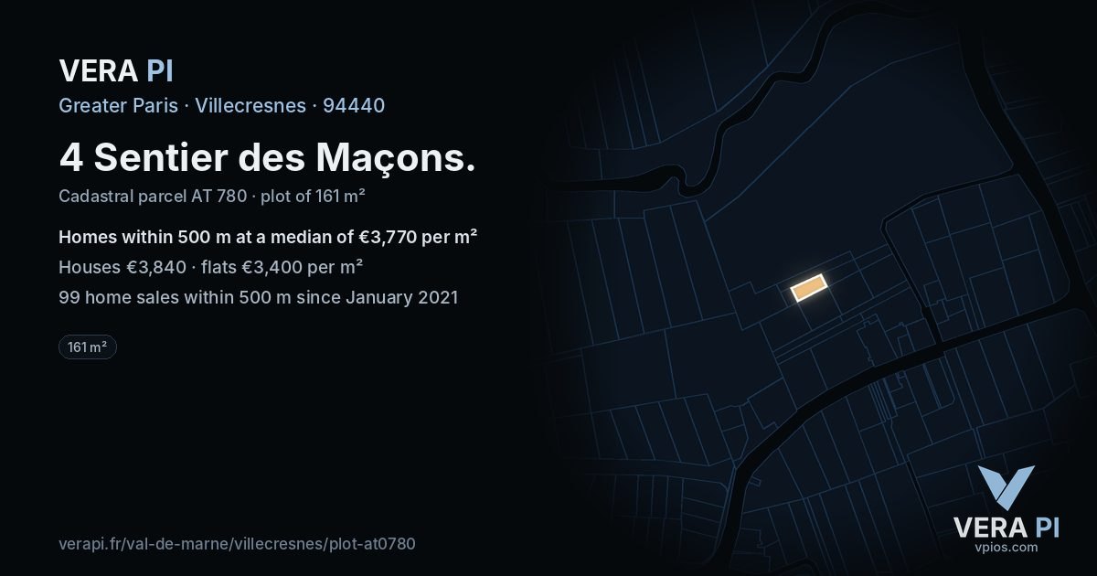 4 Sentier des Maçons, Villecresnes at night – the plot lit, the parcels around coloured by the prices near them