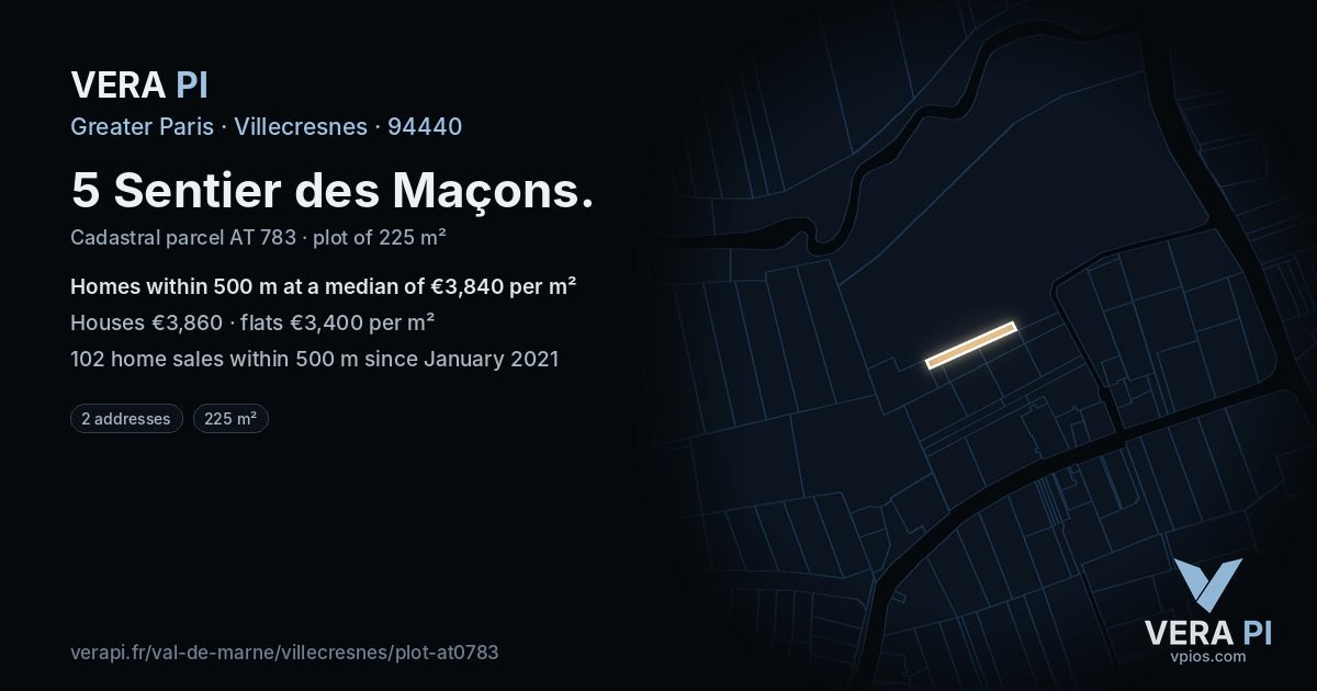 5 Sentier des Maçons, Villecresnes at night – the plot lit, the parcels around coloured by the prices near them