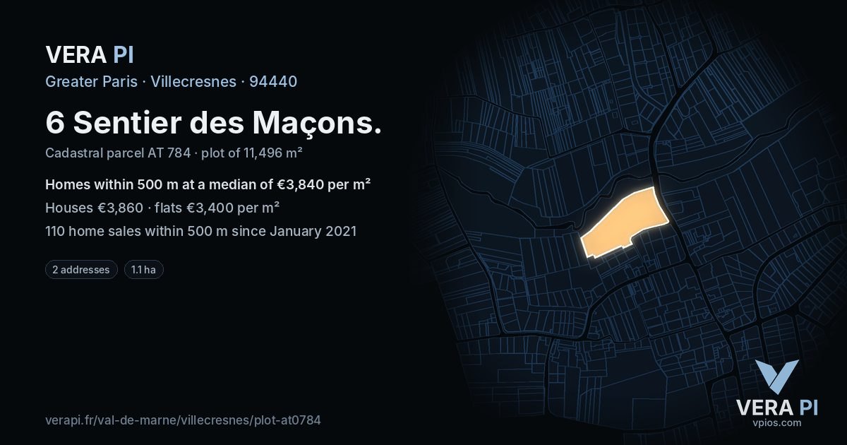 6 Sentier des Maçons, Villecresnes at night – the plot lit, the parcels around coloured by the prices near them
