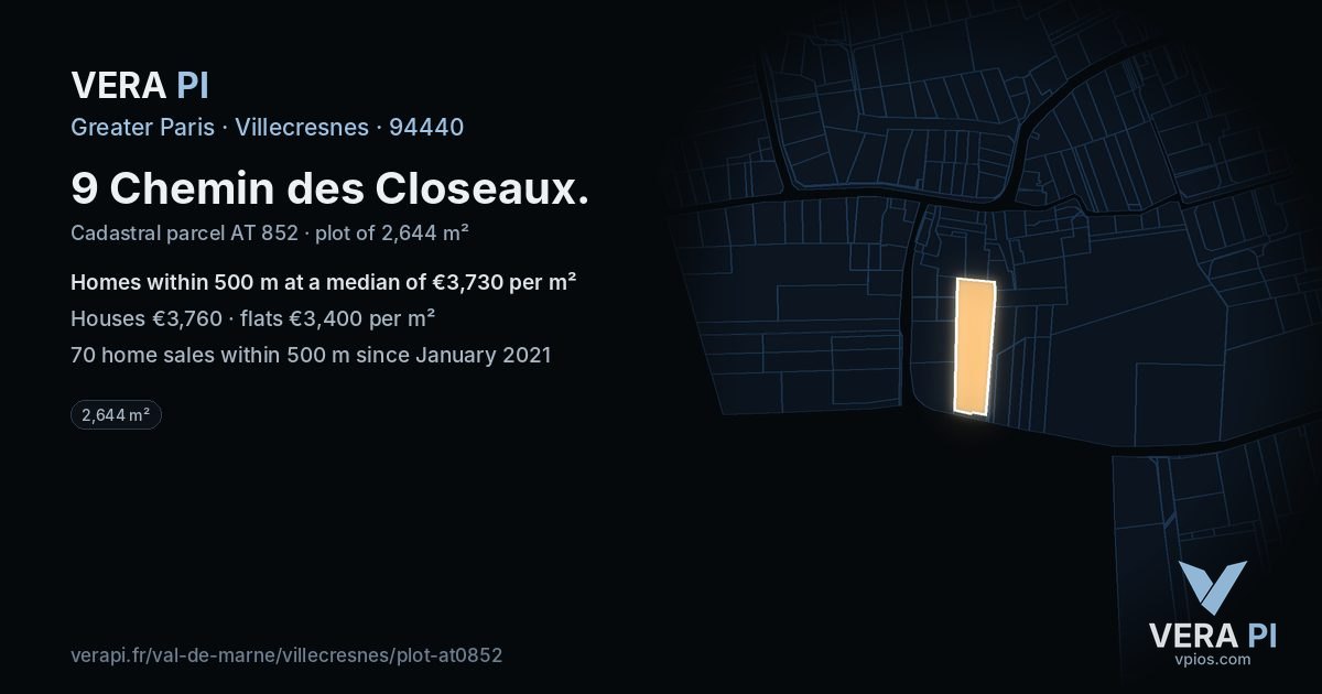 9 Chemin des Closeaux, Villecresnes at night – the plot lit, the parcels around coloured by the prices near them