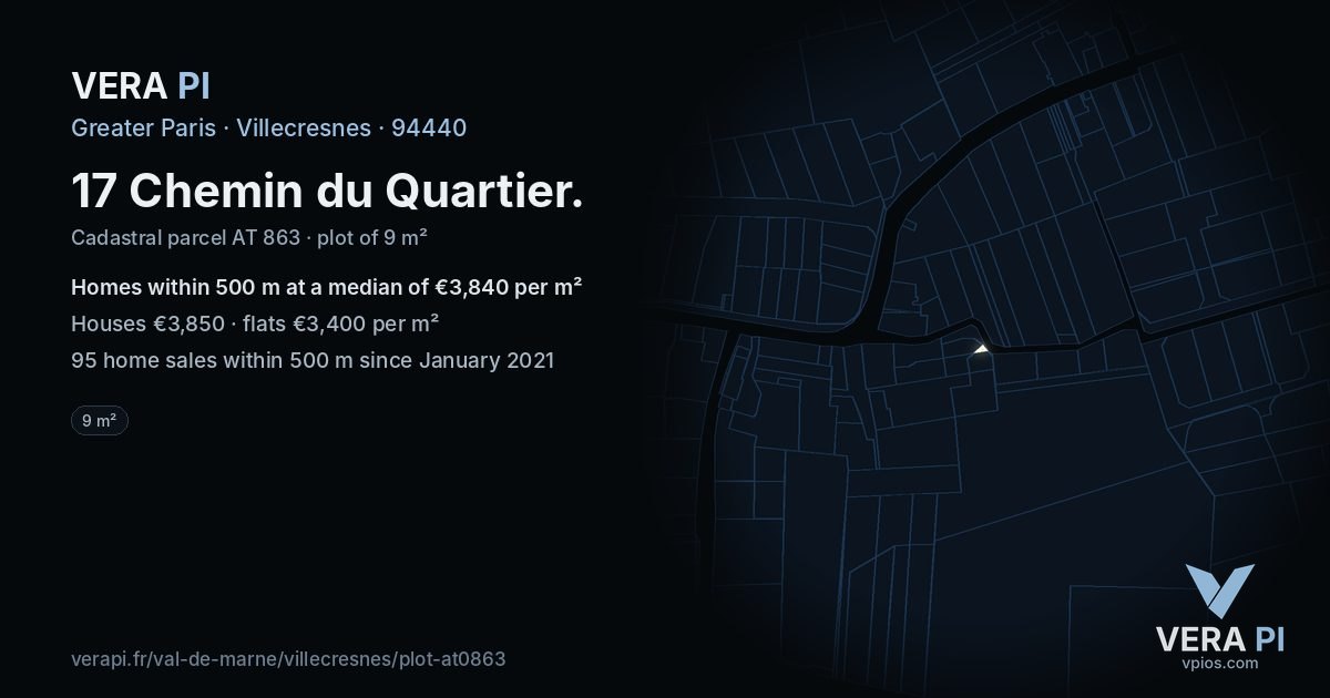 17 Chemin du Quartier, Villecresnes at night – the plot lit, the parcels around coloured by the prices near them