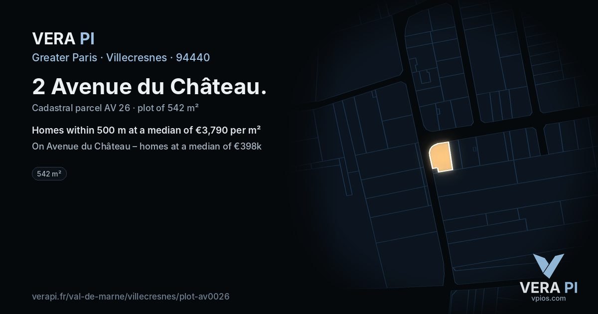 2 Avenue du Château, Villecresnes at night – the plot lit, the parcels around coloured by the prices near them