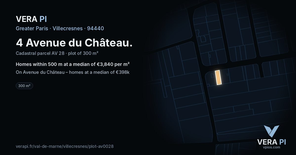 4 Avenue du Château, Villecresnes at night – the plot lit, the parcels around coloured by the prices near them