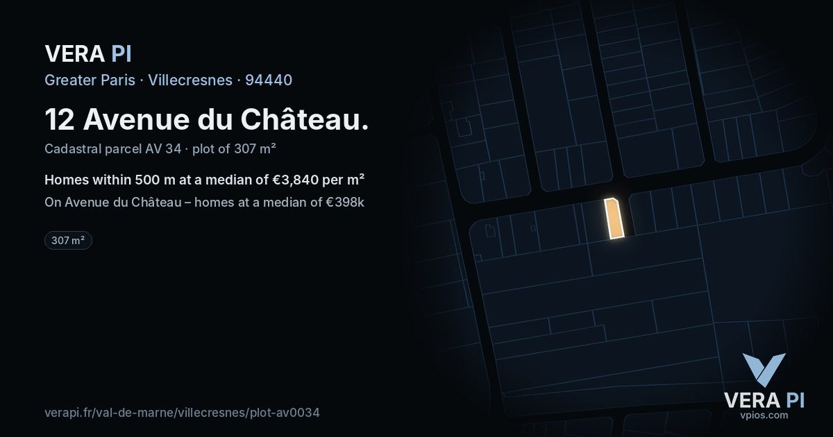 12 Avenue du Château, Villecresnes at night – the plot lit, the parcels around coloured by the prices near them