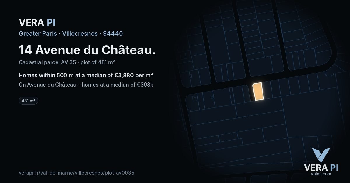 14 Avenue du Château, Villecresnes at night – the plot lit, the parcels around coloured by the prices near them