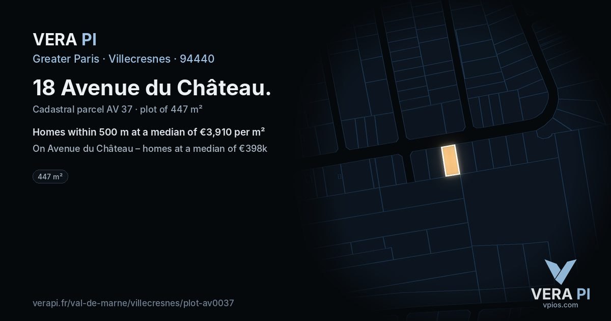 18 Avenue du Château, Villecresnes at night – the plot lit, the parcels around coloured by the prices near them