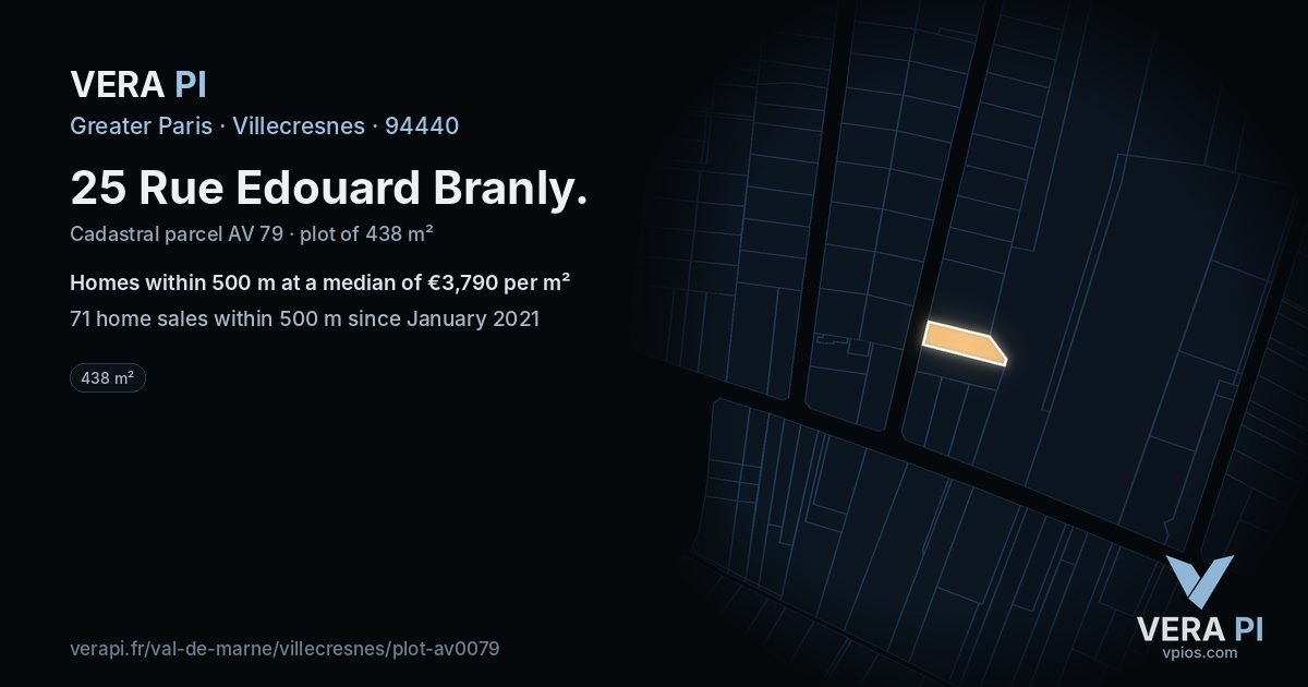25 Rue Edouard Branly, Villecresnes at night – the plot lit, the parcels around coloured by the prices near them