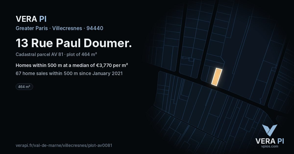 13 Rue Paul Doumer, Villecresnes at night – the plot lit, the parcels around coloured by the prices near them