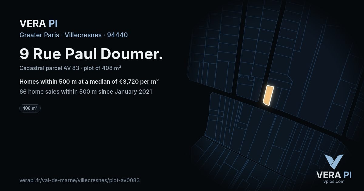 9 Rue Paul Doumer, Villecresnes at night – the plot lit, the parcels around coloured by the prices near them
