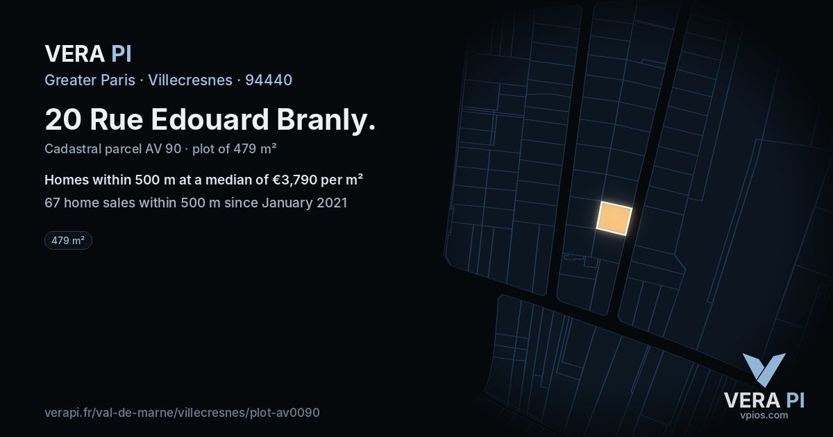 20 Rue Edouard Branly, Villecresnes at night – the plot lit, the parcels around coloured by the prices near them
