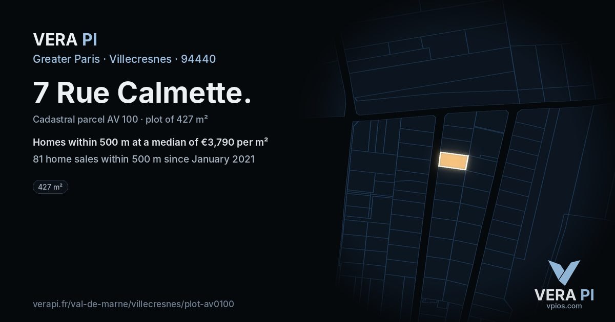 7 Rue Calmette, Villecresnes at night – the plot lit, the parcels around coloured by the prices near them