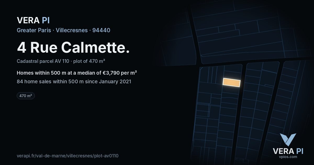 4 Rue Calmette, Villecresnes at night – the plot lit, the parcels around coloured by the prices near them