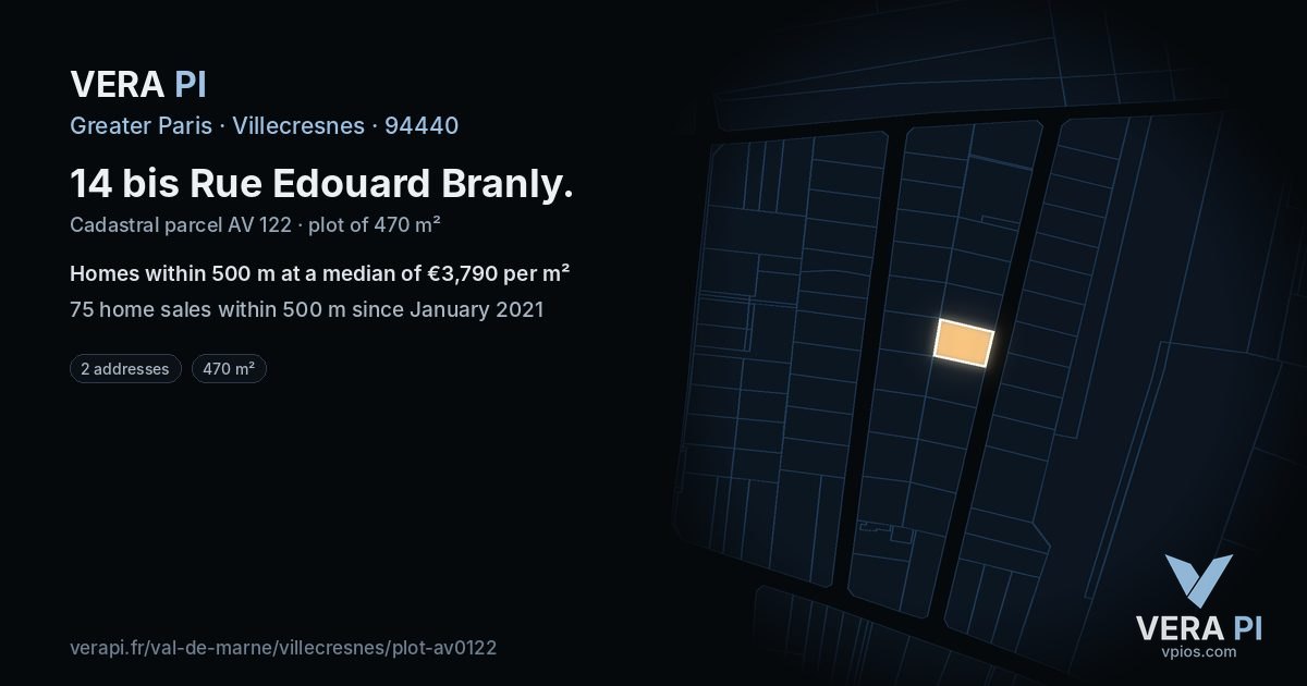 14 bis Rue Edouard Branly, Villecresnes at night – the plot lit, the parcels around coloured by the prices near them