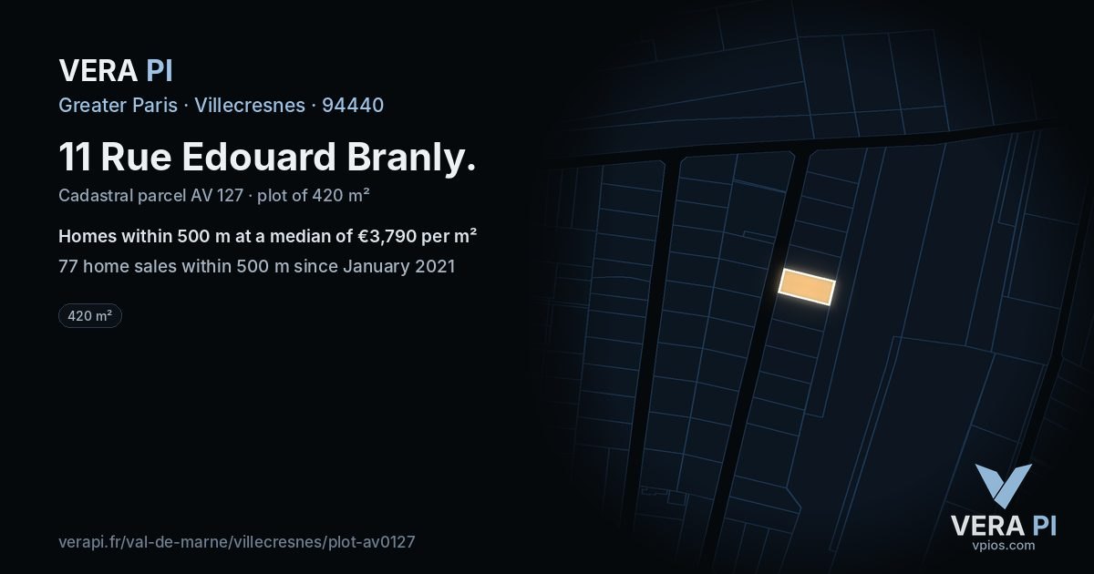 11 Rue Edouard Branly, Villecresnes at night – the plot lit, the parcels around coloured by the prices near them