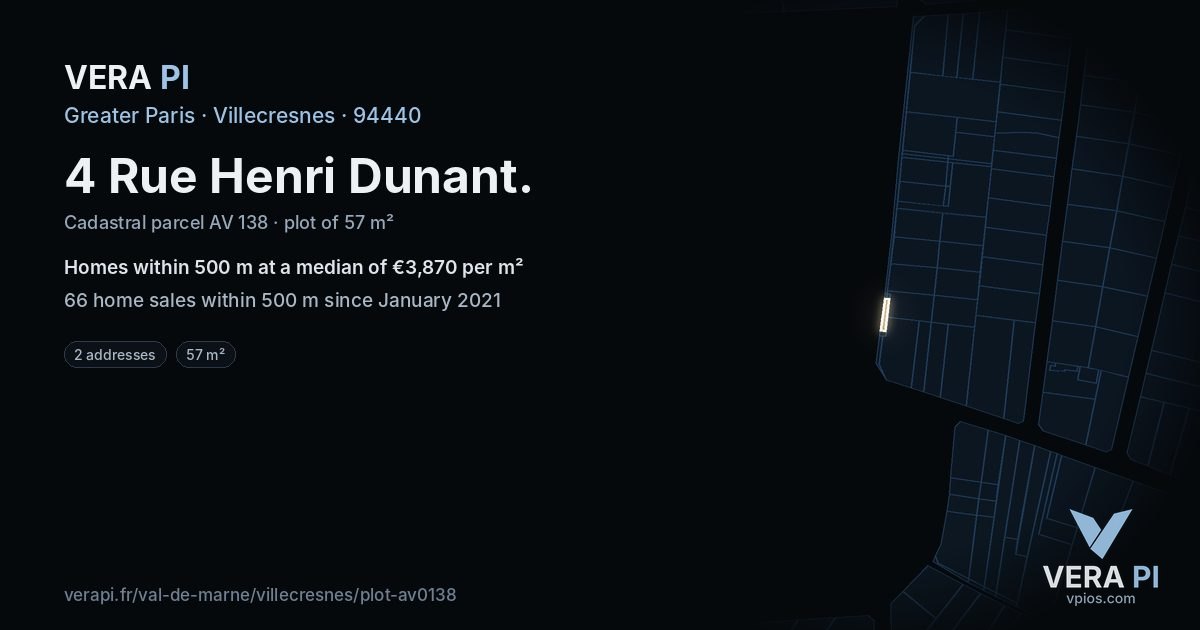 4 Rue Henri Dunant, Villecresnes at night – the plot lit, the parcels around coloured by the prices near them