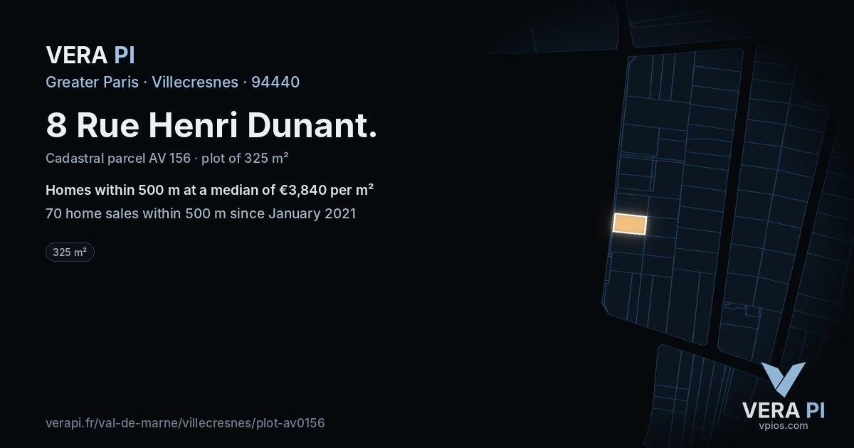 8 Rue Henri Dunant, Villecresnes at night – the plot lit, the parcels around coloured by the prices near them