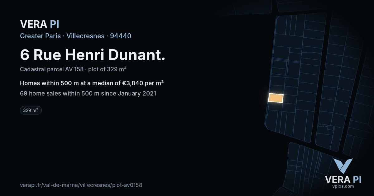6 Rue Henri Dunant, Villecresnes at night – the plot lit, the parcels around coloured by the prices near them