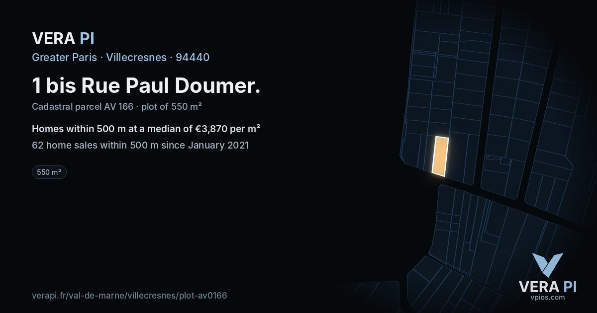 1 bis Rue Paul Doumer, Villecresnes at night – the plot lit, the parcels around coloured by the prices near them