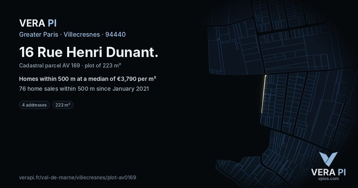 16 Rue Henri Dunant, Villecresnes at night – the plot lit, the parcels around coloured by the prices near them