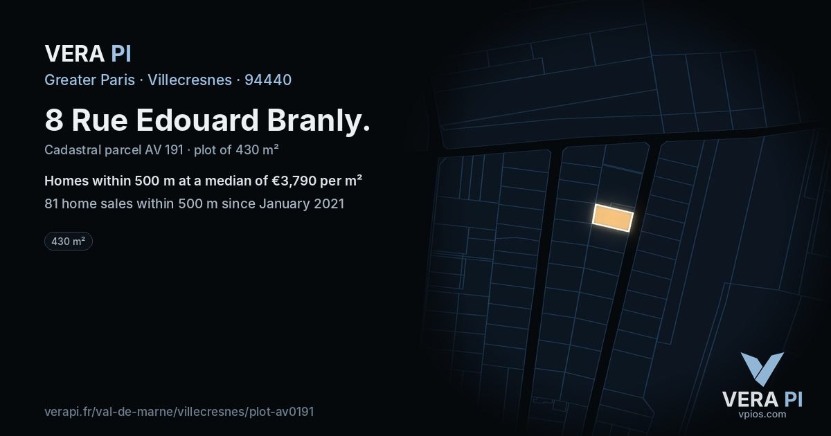 8 Rue Edouard Branly, Villecresnes at night – the plot lit, the parcels around coloured by the prices near them
