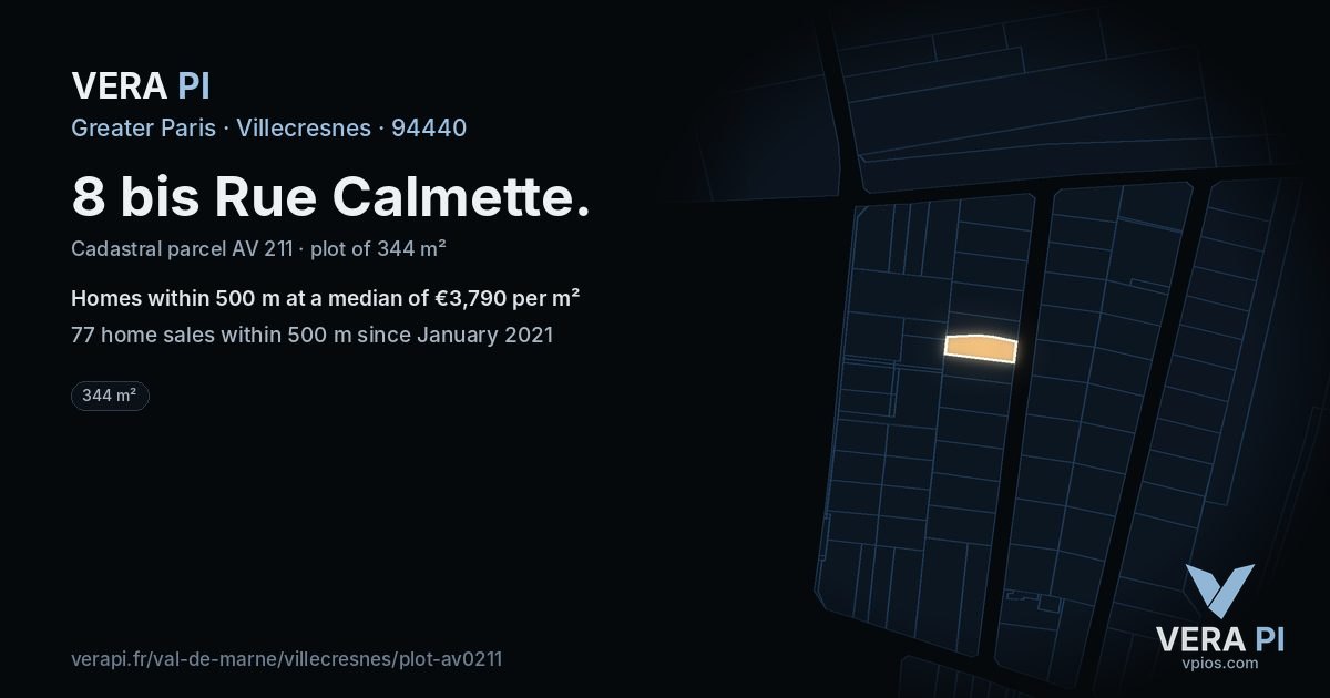8 bis Rue Calmette, Villecresnes at night – the plot lit, the parcels around coloured by the prices near them