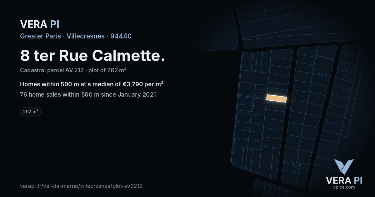 8 ter Rue Calmette, Villecresnes at night – the plot lit, the parcels around coloured by the prices near them