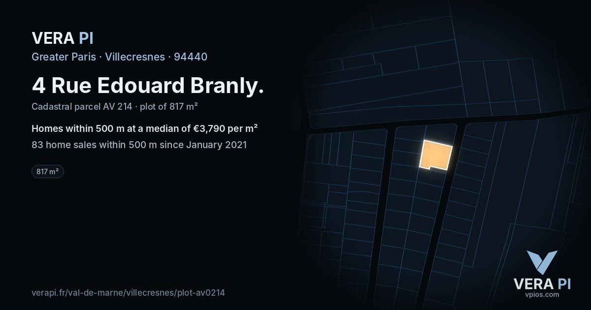 4 Rue Edouard Branly, Villecresnes at night – the plot lit, the parcels around coloured by the prices near them