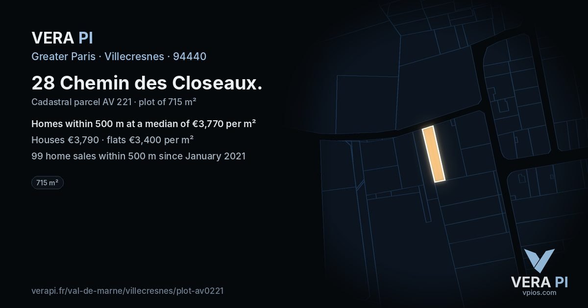 28 Chemin des Closeaux, Villecresnes at night – the plot lit, the parcels around coloured by the prices near them