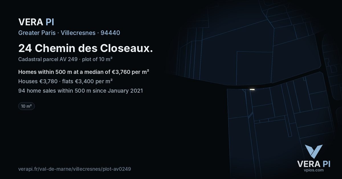24 Chemin des Closeaux, Villecresnes at night – the plot lit, the parcels around coloured by the prices near them