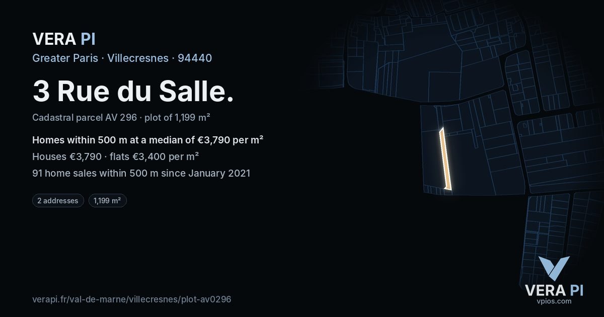 3 Rue du Salle, Villecresnes at night – the plot lit, the parcels around coloured by the prices near them